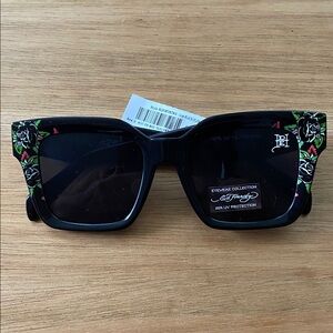 Ed Hardy logo sunglasses black square frame floral women NWT